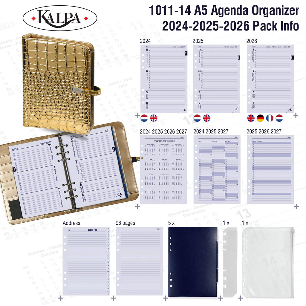  Refillable A5 Ring Binder Croco Gold with 2024 2025 2026 Pack Info