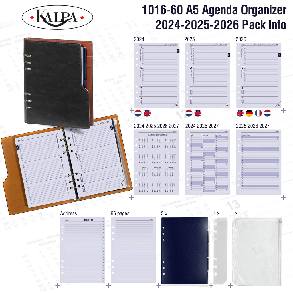 Clipbook Refillable A5 6 Ring Binder Agenda with 2024 2025 2026 Pack Info