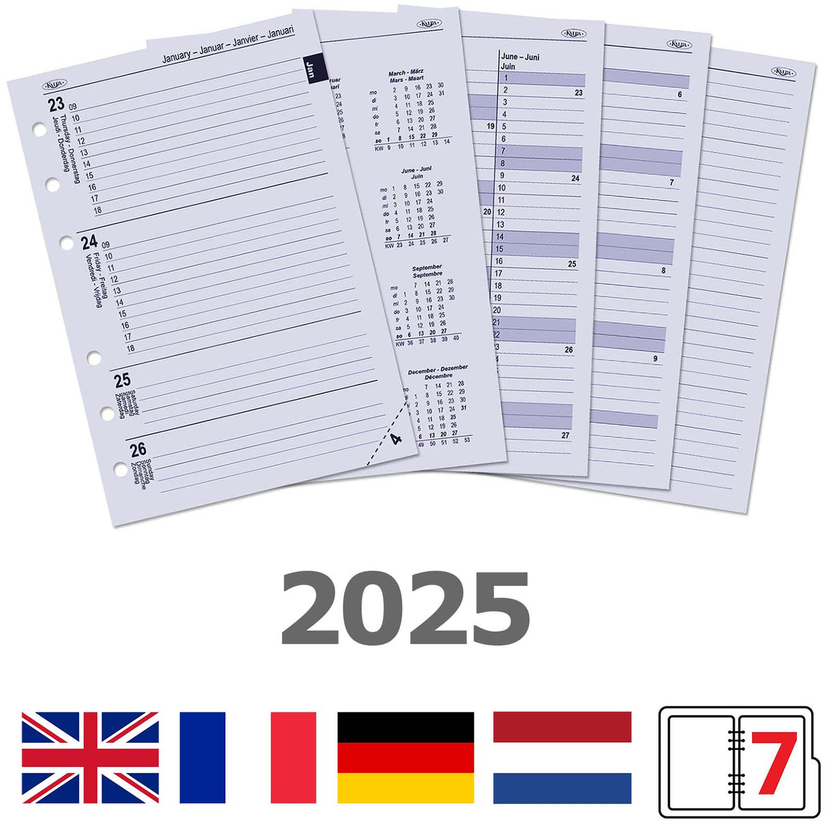 A5 Ringbuch Agenda Einlagen Wöchentlich EN DE FR NL 2025 – Kalpa.nl