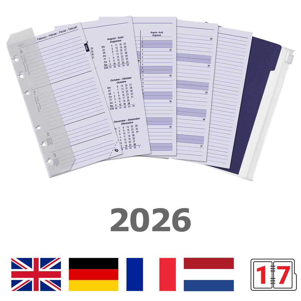 Personal 6 Ring Diary Inserts Complete Set Weekly EN DE FR NL 2026