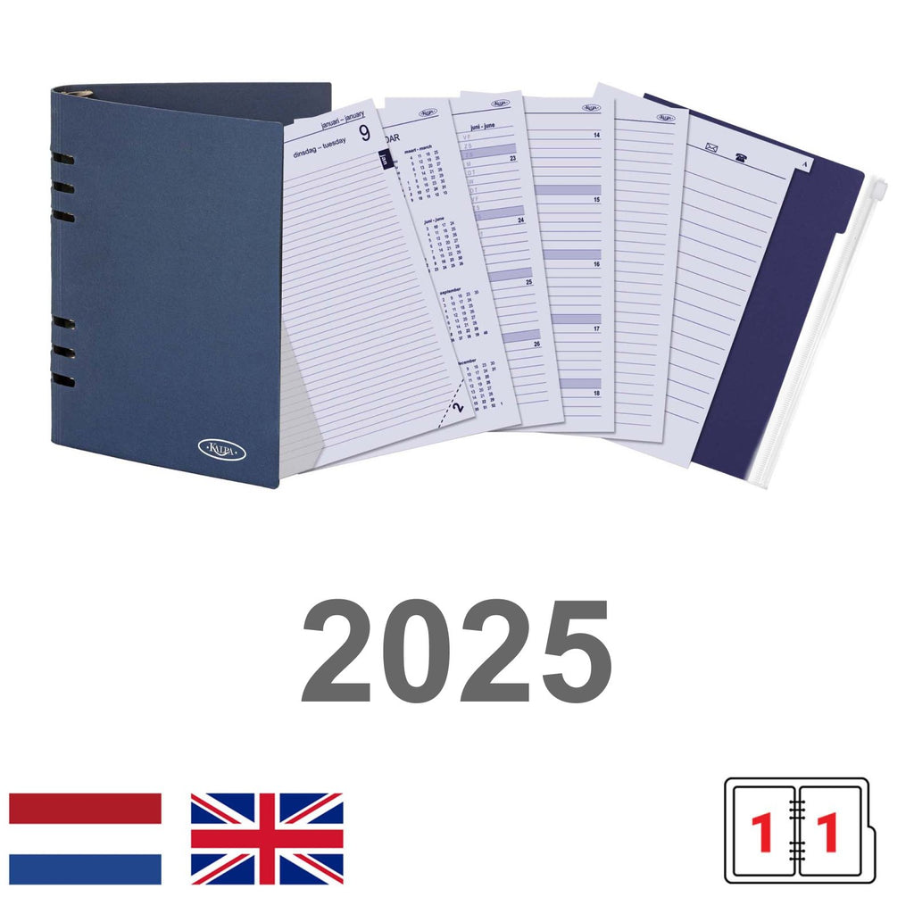 A5 6 Ring Agenda Refills Daily EN NL with Storage Folder 2025