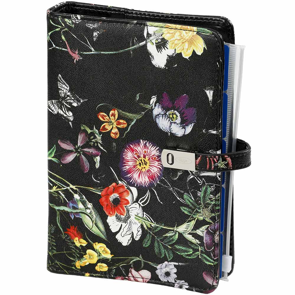 High Quality  Refillable Personal 6 Ring Binder Agenda Flowers of Bloom Black