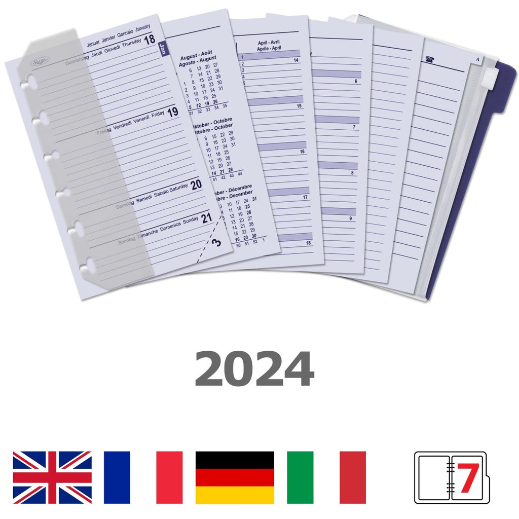 Pocket 6 Ring Agenda Inserts Complete Set EN FR DE IT 2024