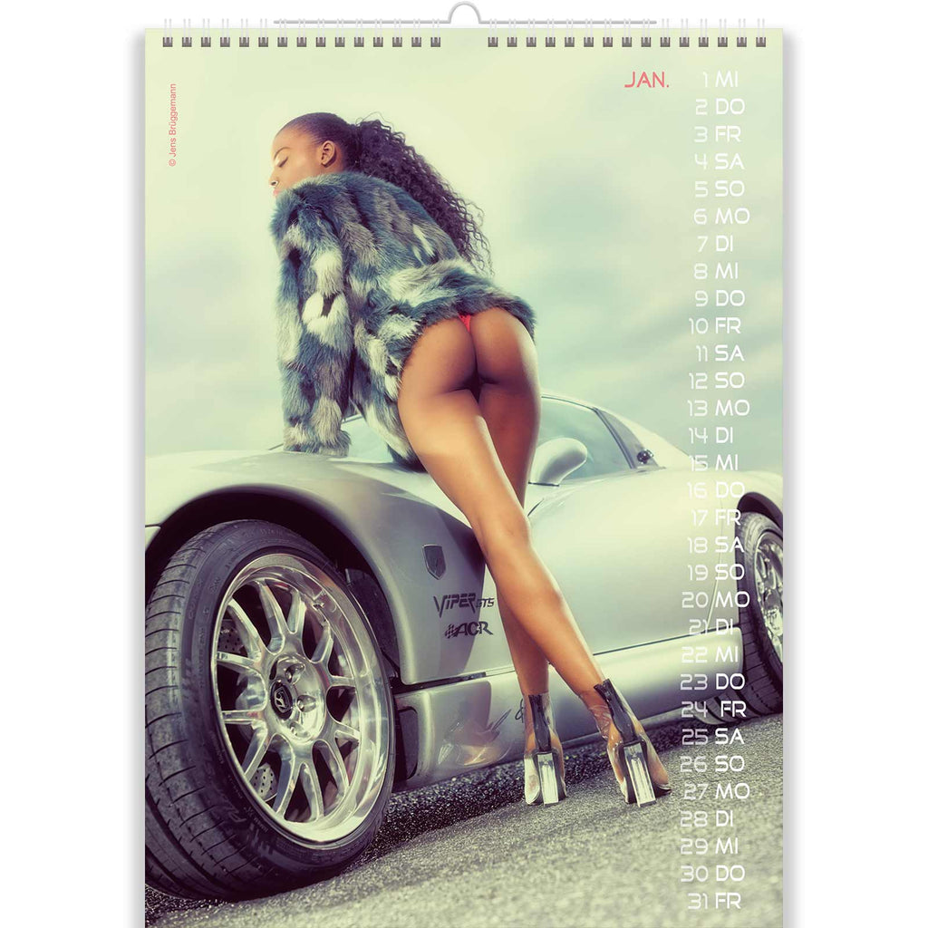 Black Babe on High Heels with a Round Ass in Nude Car Calendar