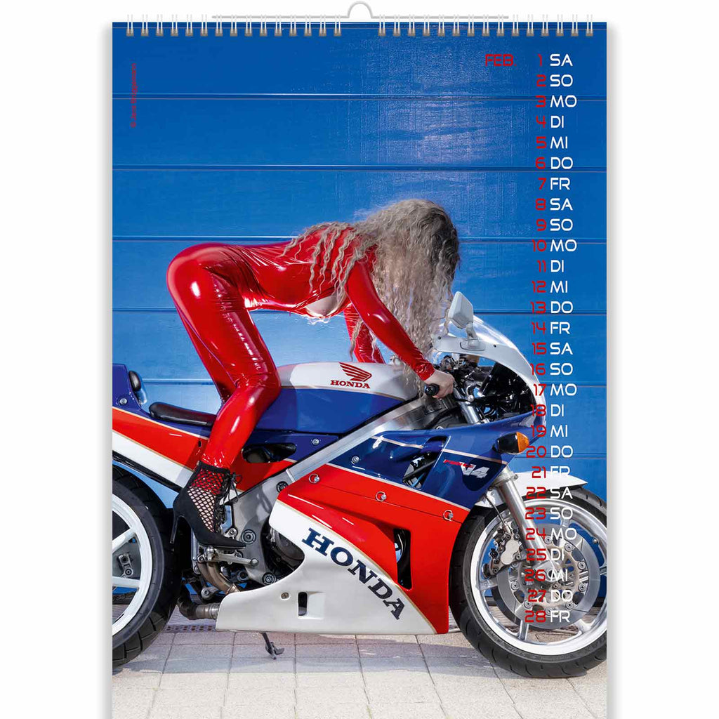 Sexy Blonde in Red Latex Shows Her Tits in Nude Motorcycle Calendar