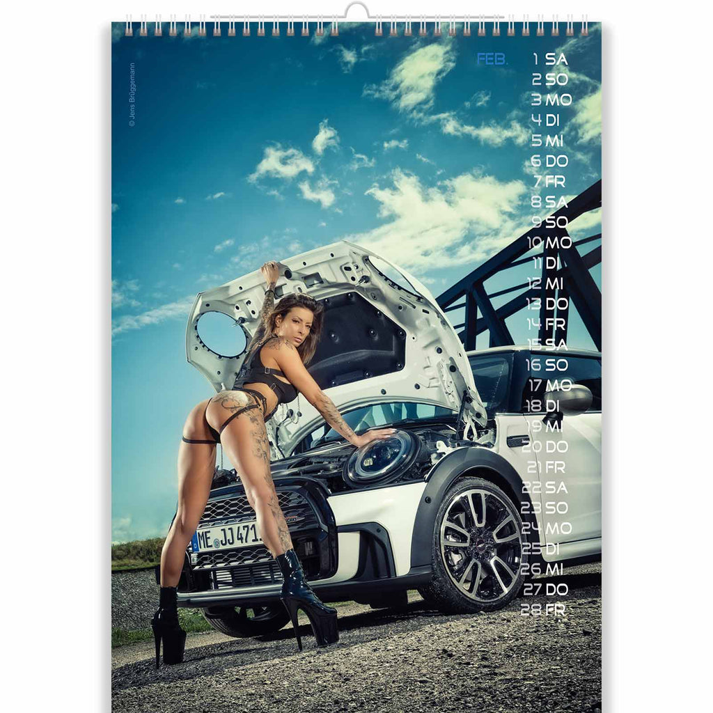 Sexy Brunette on Leather Boots in Nude Car Calendar