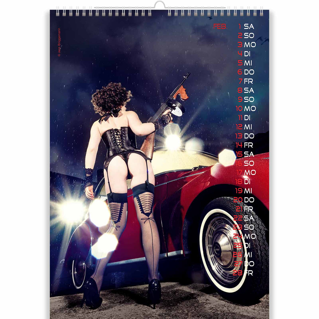 Brunette Holding a Machine Gun in Sexy Vintage Car Calendar