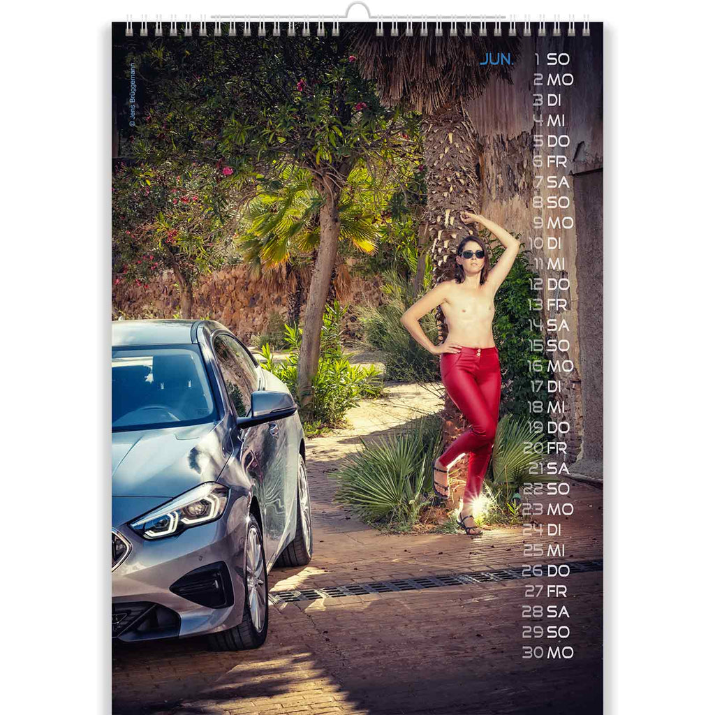 Brunette in Red Pants in Sexy Car Calendar