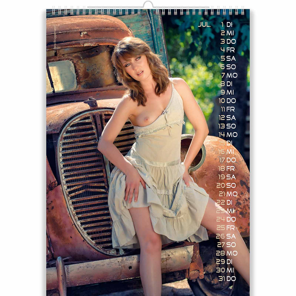 Blonde Shows Her Sweet Nipples in Sexy Vintage Car Calendar
