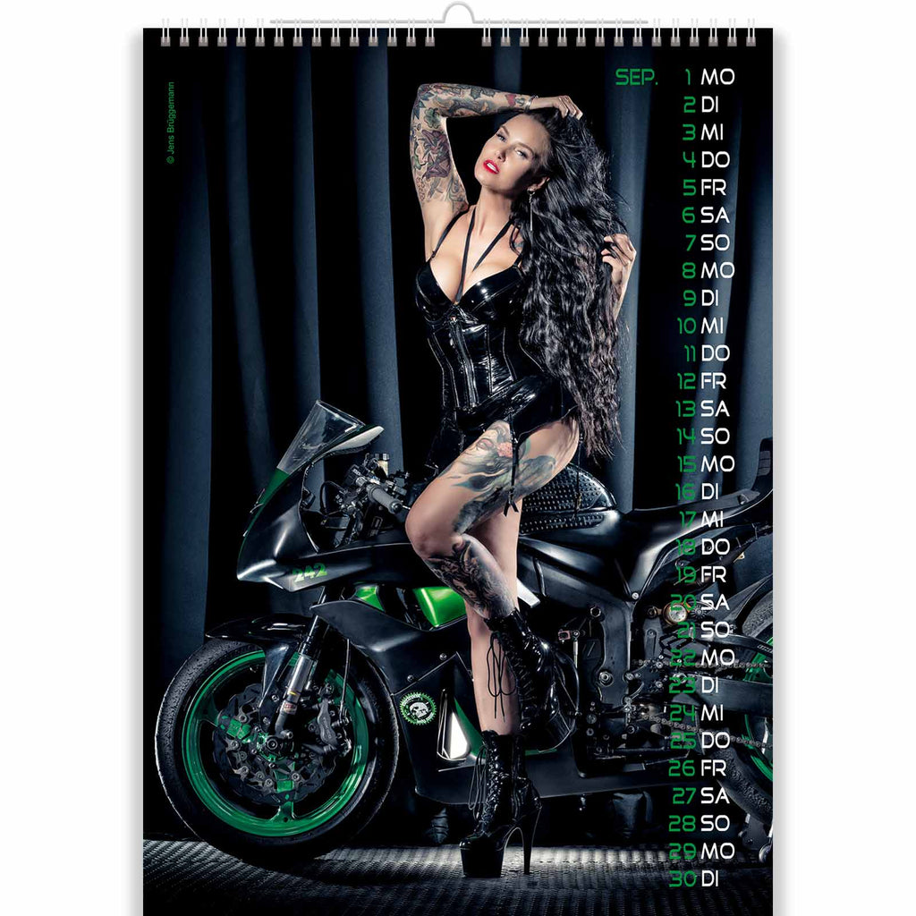 Brunette in Black Lingerie Next to Her Bike in Nude Motorcycle Calendar