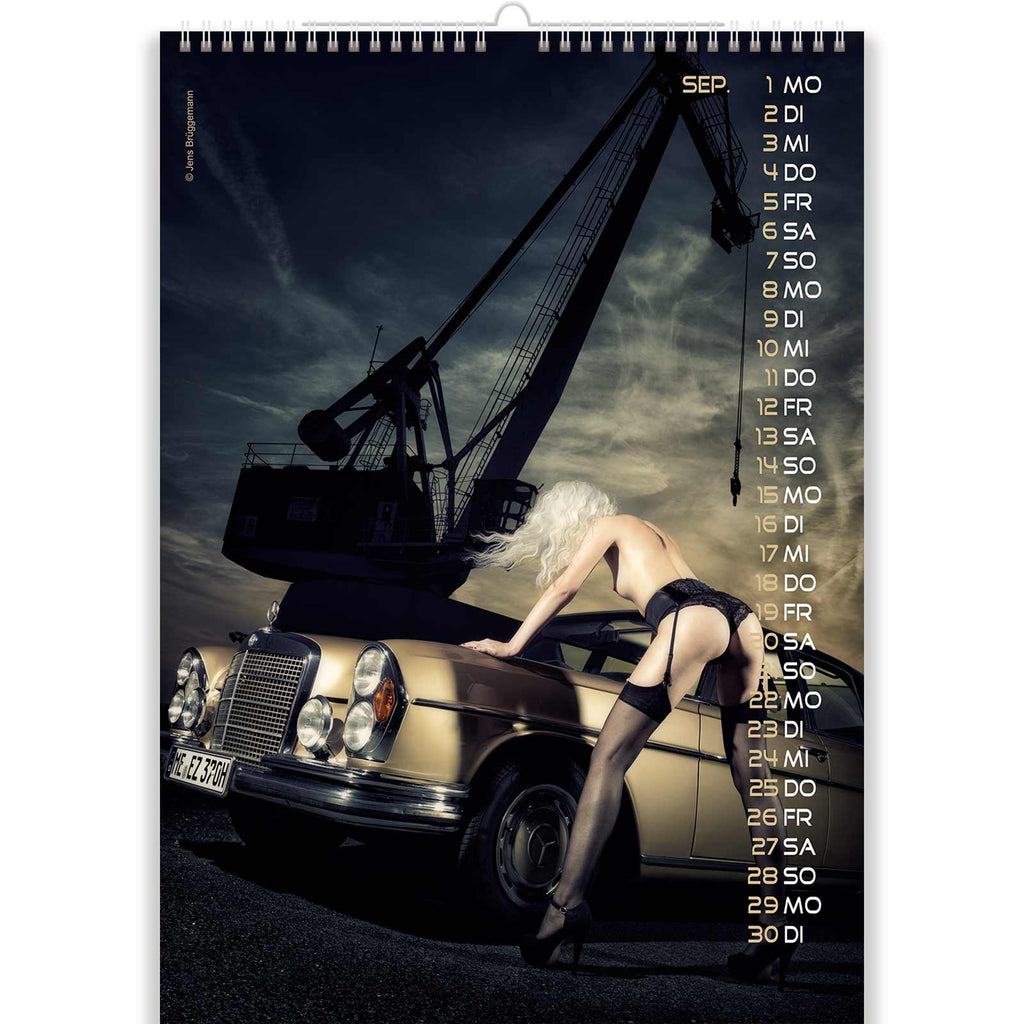 Blonde Bombshell Next to a Vintage Mercedes in Sexy Girl Calendar