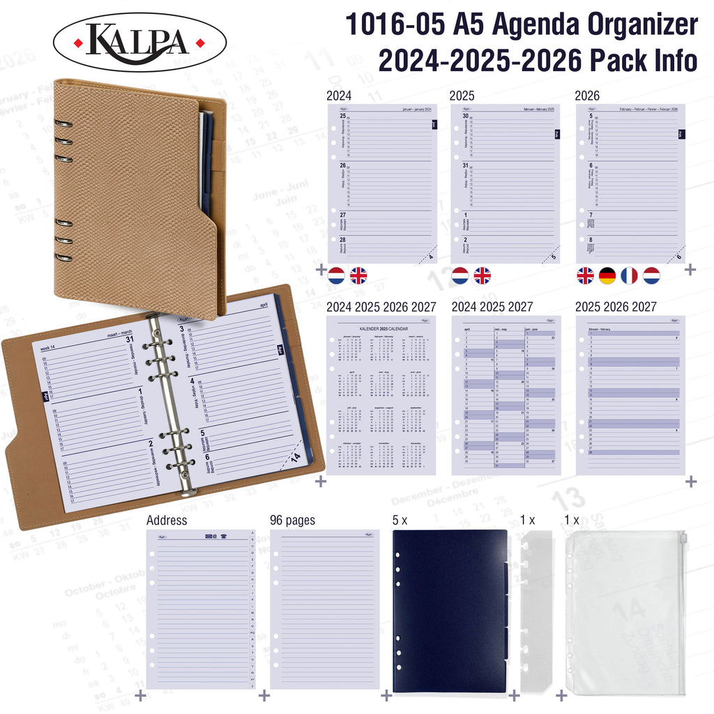 Refillable A5 Ring Binder Agenda with 2024 2025 2026 Pack Info