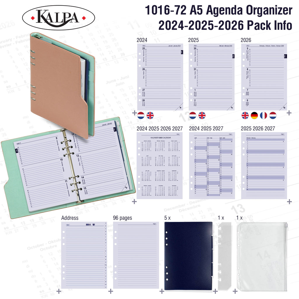Clipbook A5 6 Ring Binder Agenda with 2024 2025 2026 Pack Info
