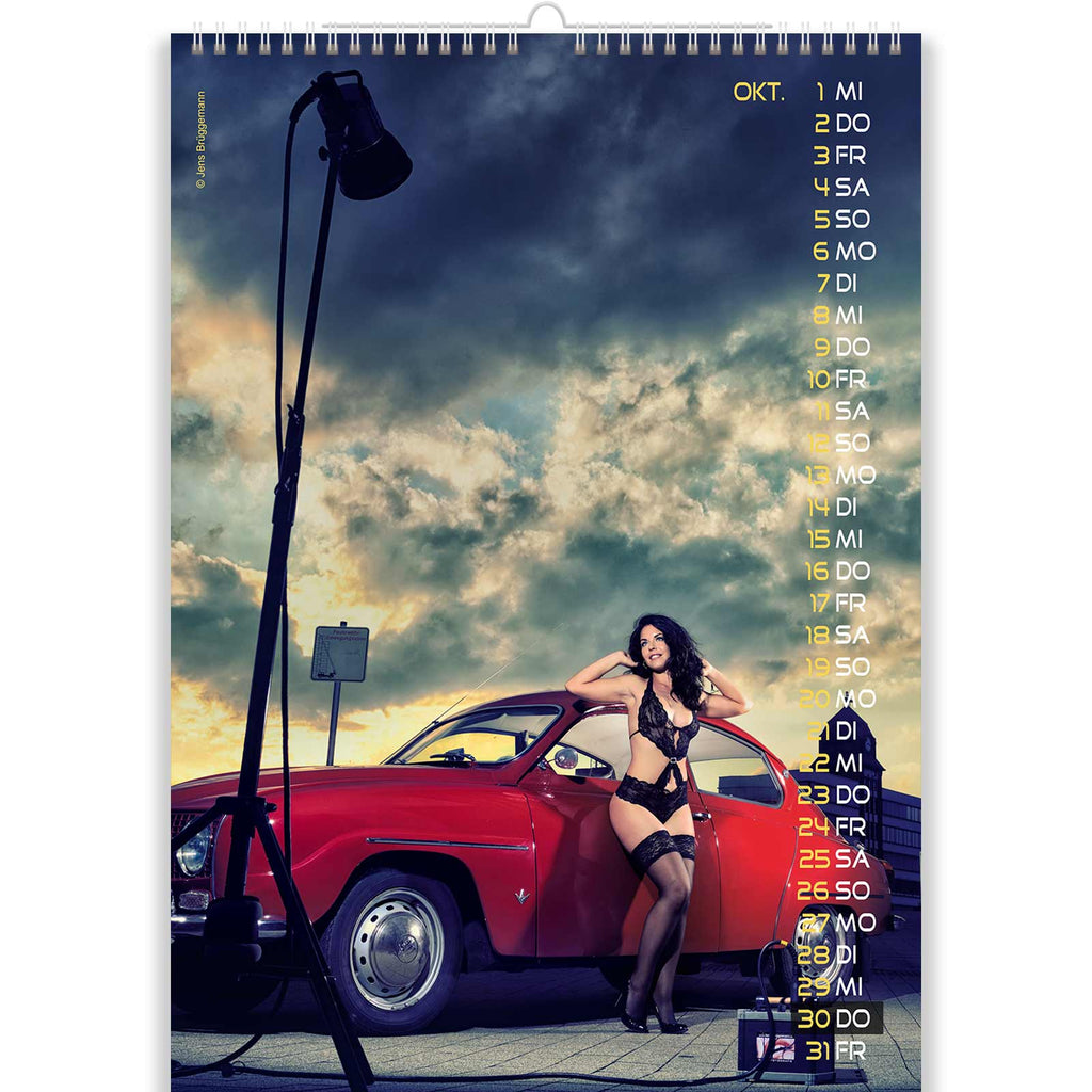 Hot Brunette in Black Lingerie in Sexy Vintage Car Calendar
