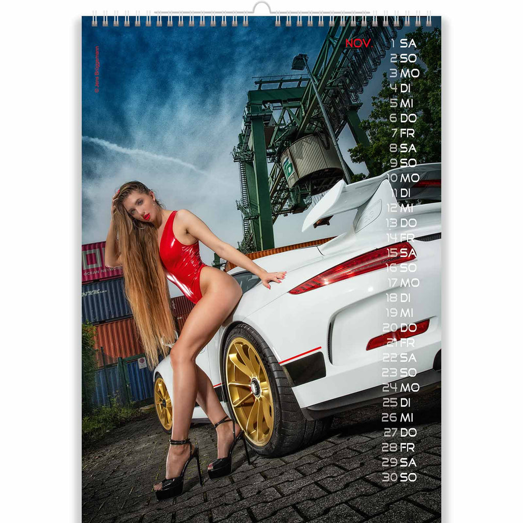 Blonde in Red Dress in Sexy Car Calendar