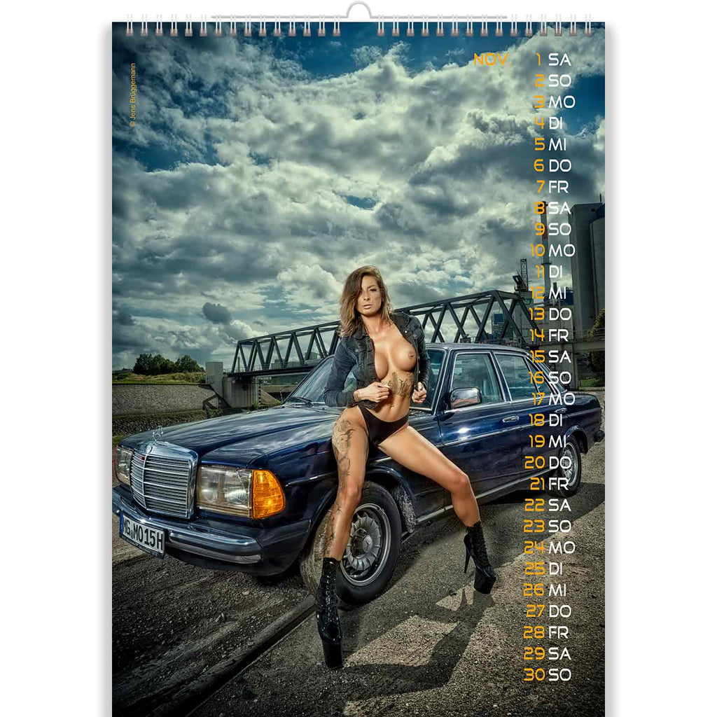 Vamp Woman with Tattoos in Sexy Vintage Car Calendar