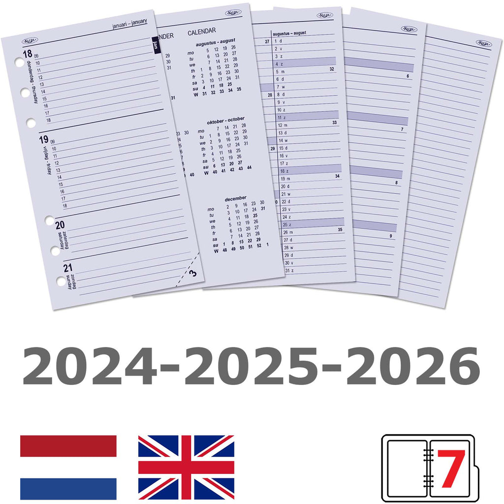 Personal 6 Ring Binder Inserts Weekly NL EN 2024 2025 2026