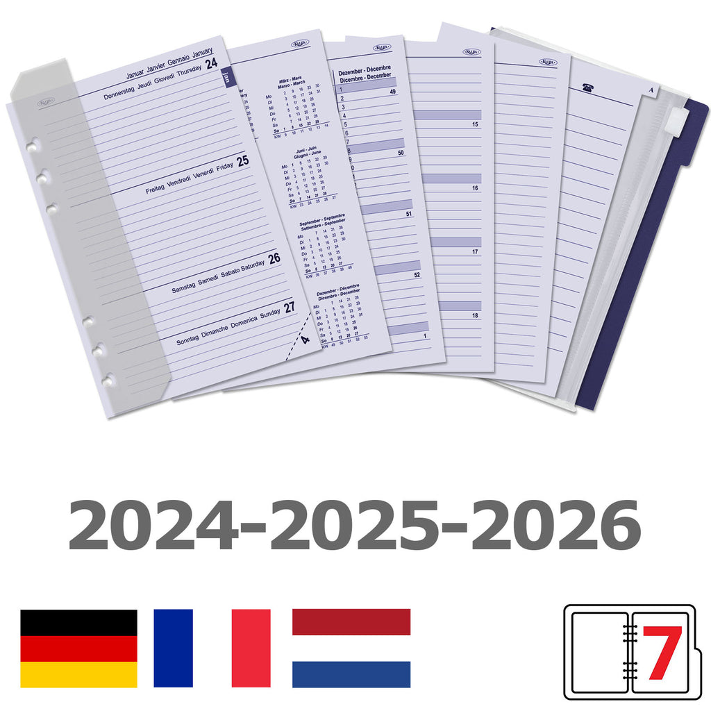 A5 6 Ring Agenda Inserts Weekly Complete Set EN DE FR NL 2024 2025 2026