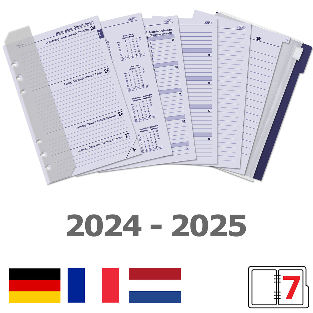 A5 6 Ring Agenda Planner Inserts Weekly Complete Set DE FR NL EN 2024 2025