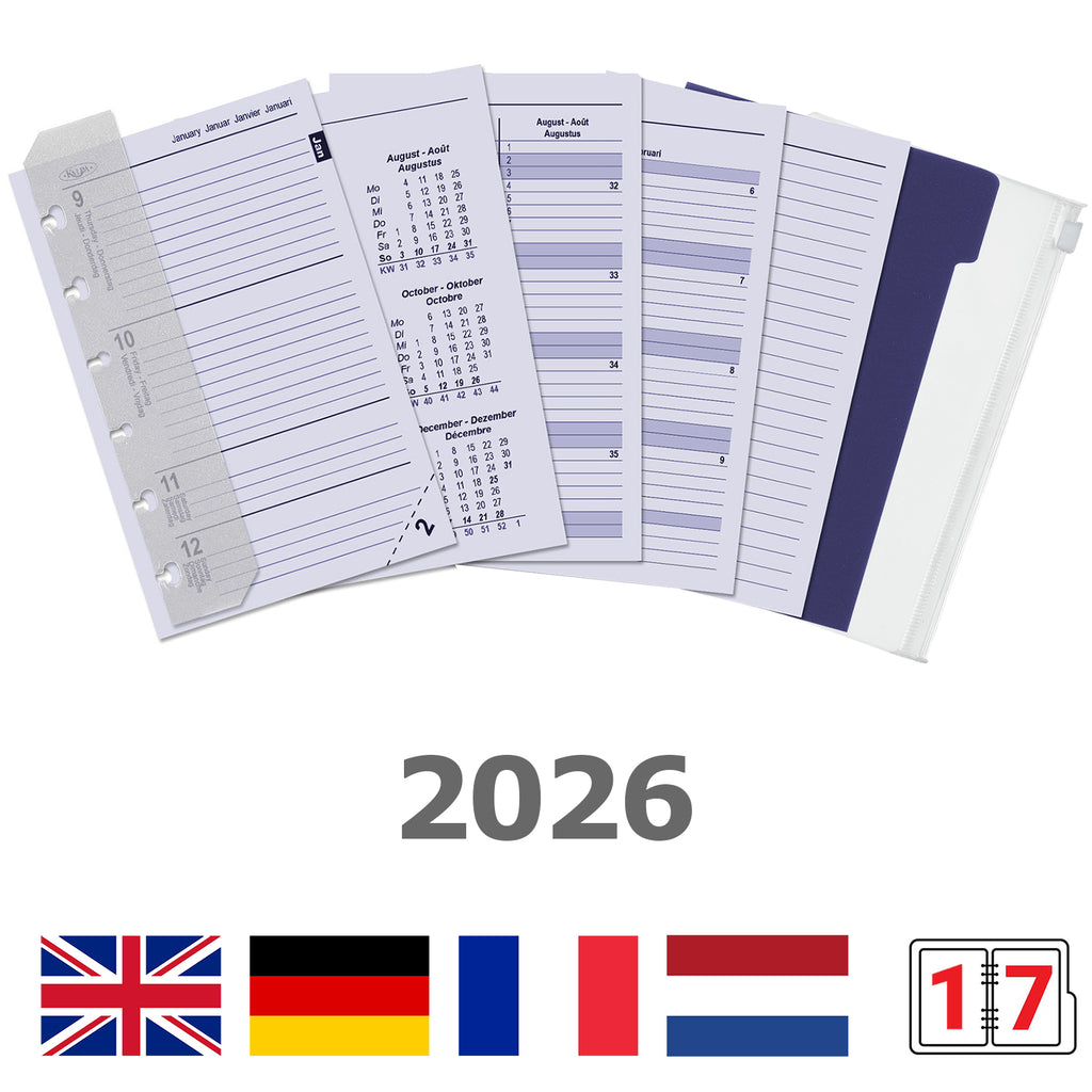 Pocket 6 Ring Agenda Inserts Complete Set EN FR DE NL 2026