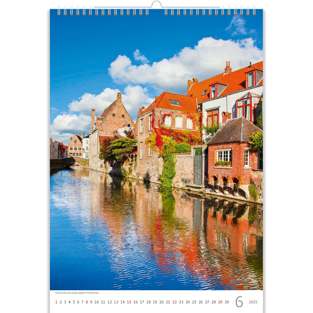 The timeless beauty of Bruges, Belgium, a city renowned for its alluring medieval charm, is captured in this gorgeous print. The image displays a charming area with vibrant homes lining calm canals, evoking a dreamlike feeling that takes you back in time