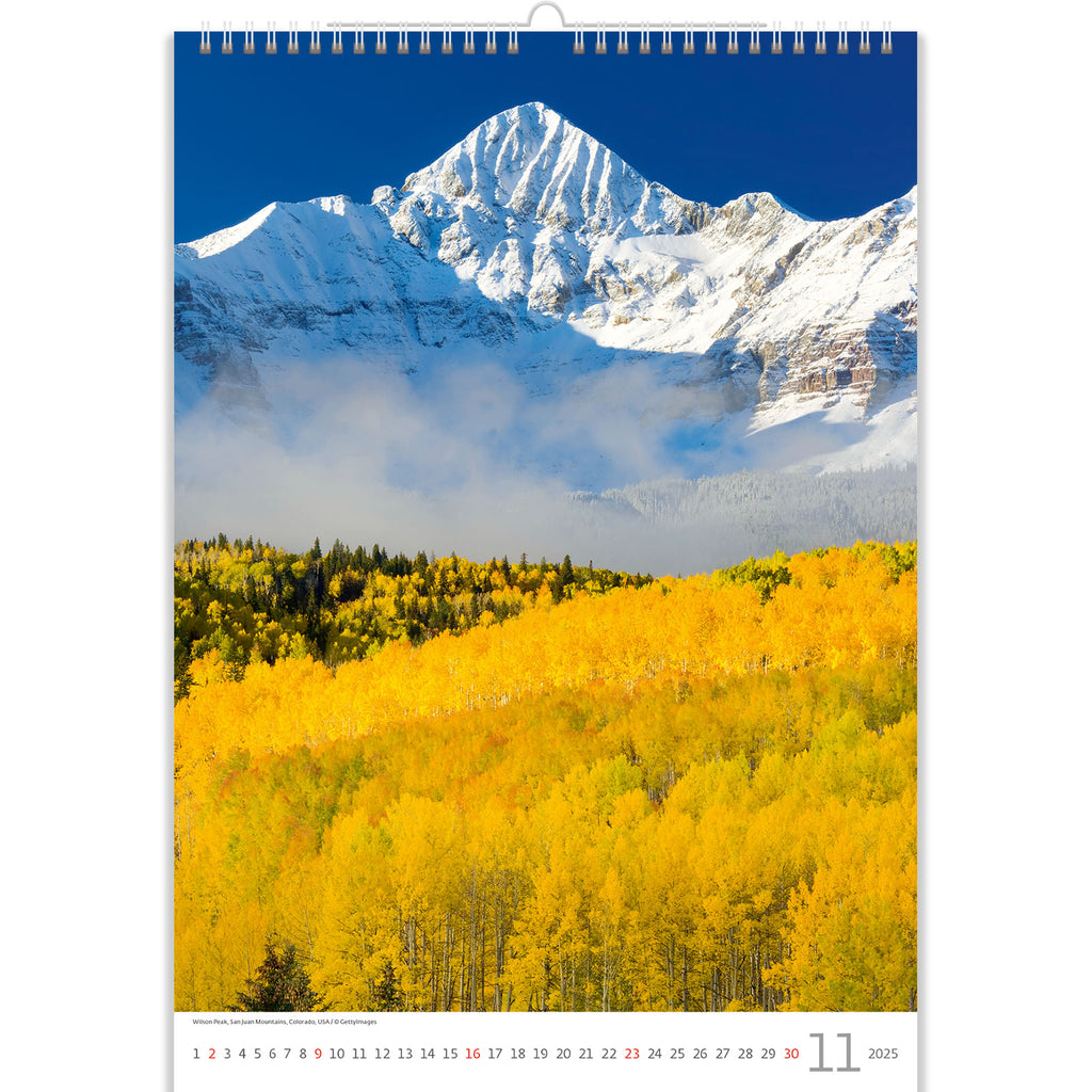 Climbers are drawn to Wilson Peak (14 017 feet), situated in the San Juan and Uncompahgre National Forests' Lizard Head Wilderness, by its sheer grandeur. With the help of this alluring mountain calendar, take in Wilson Peak's untamed beauty and breathtaking views in the San Juan Mountains of Colorado, USA.