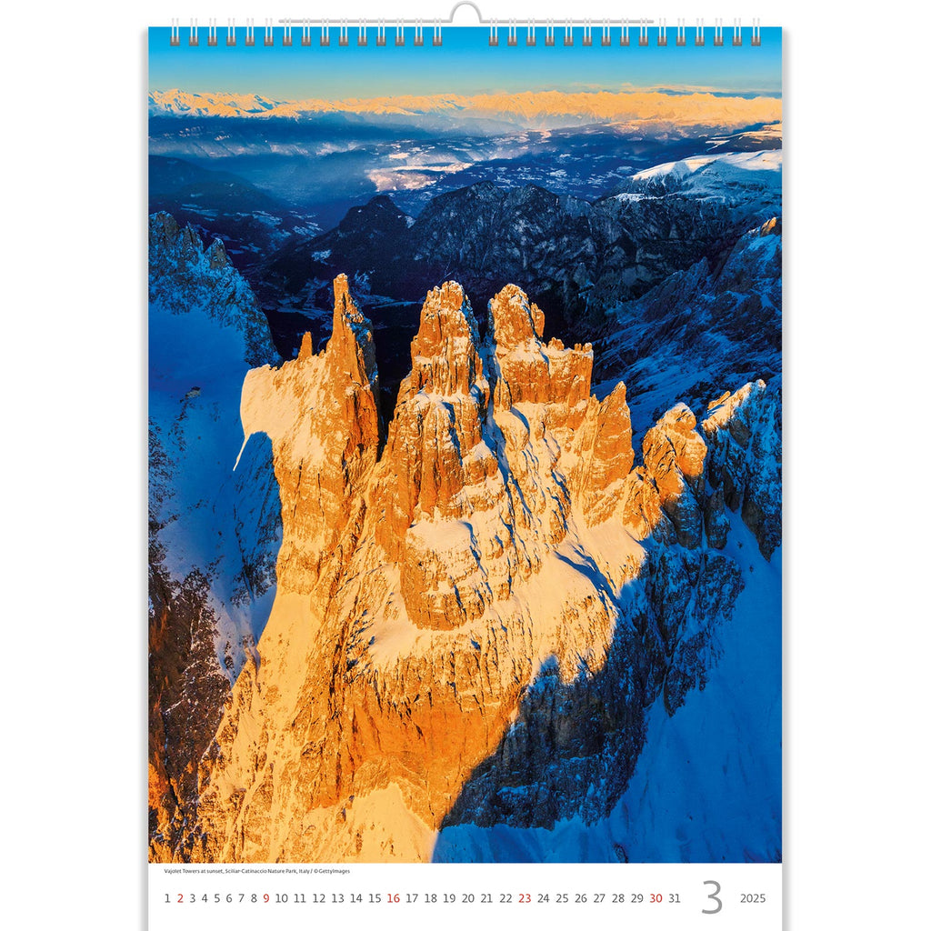 With the help of this alluring calendar 2025, take a visual tour of the picturesque Siciliar-Catinaccio Nature Park in Italy. Observe the magnificent Viojet Towers as they reflect the breathtaking splendor of this natural wonder in the golden glory of the setting sun. Allow the stunning photos of each month to take you to the tranquil settings and untamed splendor of this charming park.