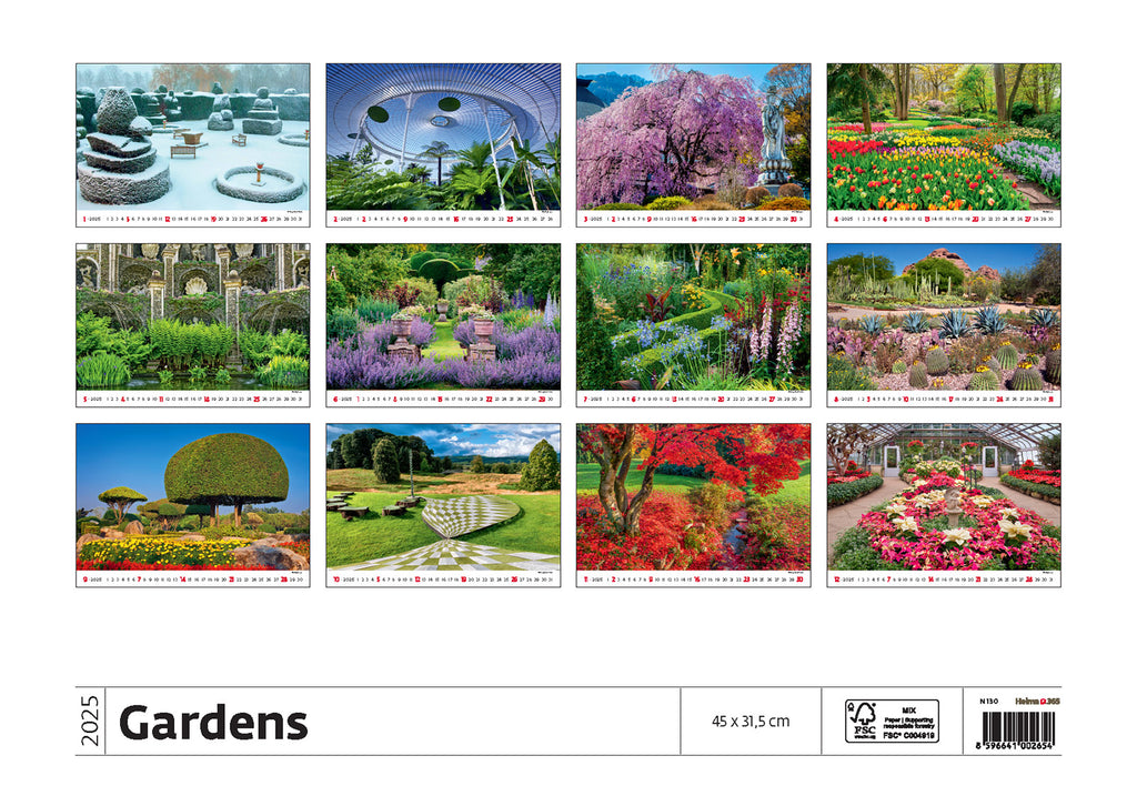 Garten Kalender 2025 verewigt prächtige Gärten, die von Menschen geschaffen wurden. Jeder Monat hält ein von Menschen geschaffenes Naturdenkmal auf seinen Seiten. Tauchen Sie ein in die Pracht der Natur, deren Schönheit in allen Ecken der Welt gefeiert wird. 