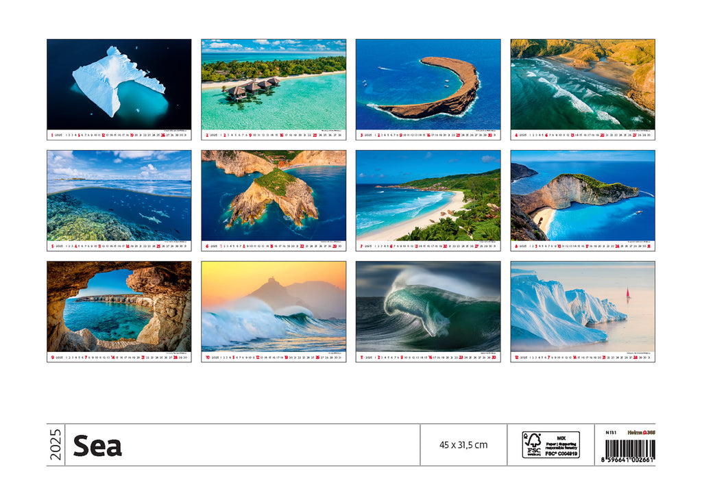 The Sea calendar 2025 is dedicated to the stunning seascapes created by nature itself. Each page depicts a marvellous maritime wonder. Immerse yourself in the splendour of the depths of the sea, a beauty revered around the world.