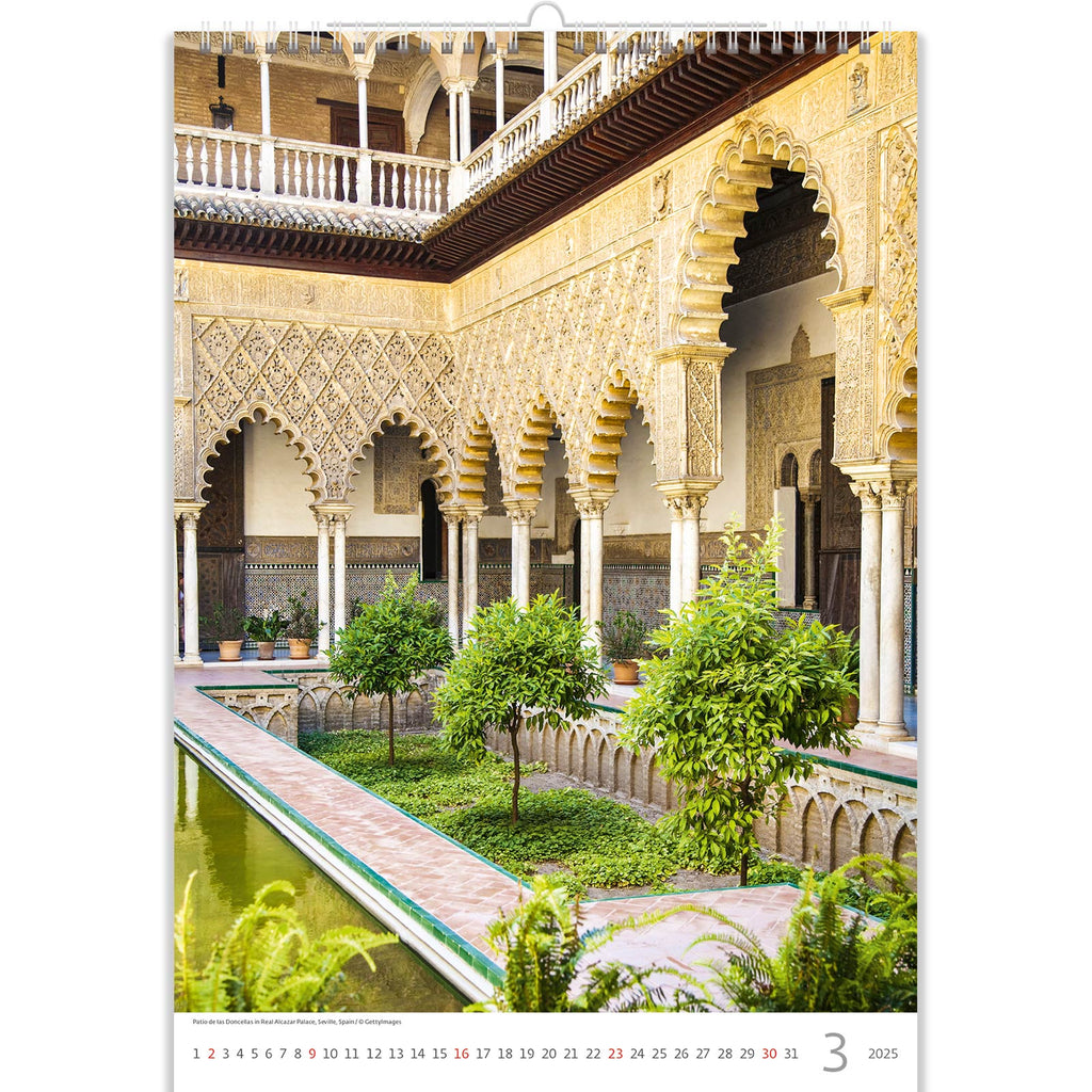  March in the Romantic Calendar 2025 features a serene garden scene with Moorish arches and reflective waters. The tranquil setting captures the essence of peace and romance, where the interplay of architectural beauty and natural elements creates a captivating oasis of serenity and timeless charm.