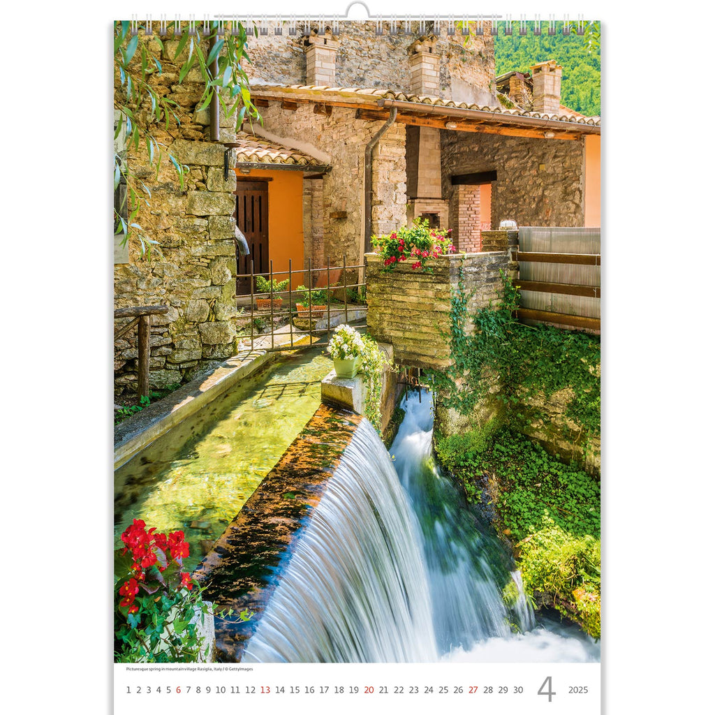April in the Romantic Calendar 2025 brings a village charm with a rush of waterfalls and flowers in full bloom. The picturesque scene captures the essence of nature's renewal and the vibrant beauty of spring, creating a romantic and enchanting atmosphere for all to enjoy.