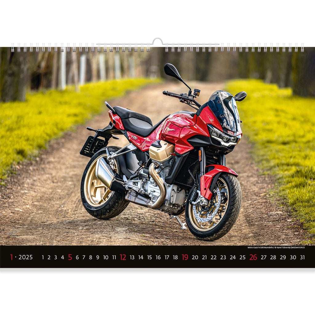 The Motorbike Calendar 2025 showcases a red and black sport motorbike on a serene country road, ready to roar into adventures. This dynamic scene captures the thrill and freedom of motorcycle journeys, inviting enthusiasts to embrace the open road and embark on exhilarating adventures in style.