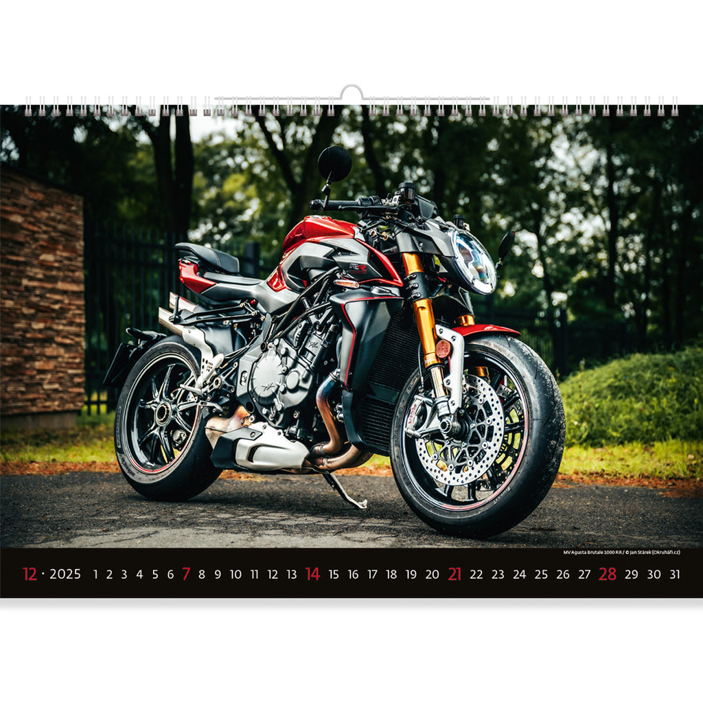 In the Motorbike Calendar 2025, a red and black motorbike gleams with polished chrome under open skies. This striking image captures the essence of freedom and power, inviting riders to embrace the thrill of the ride and the beauty of the open road beneath endless skies throughout the year.