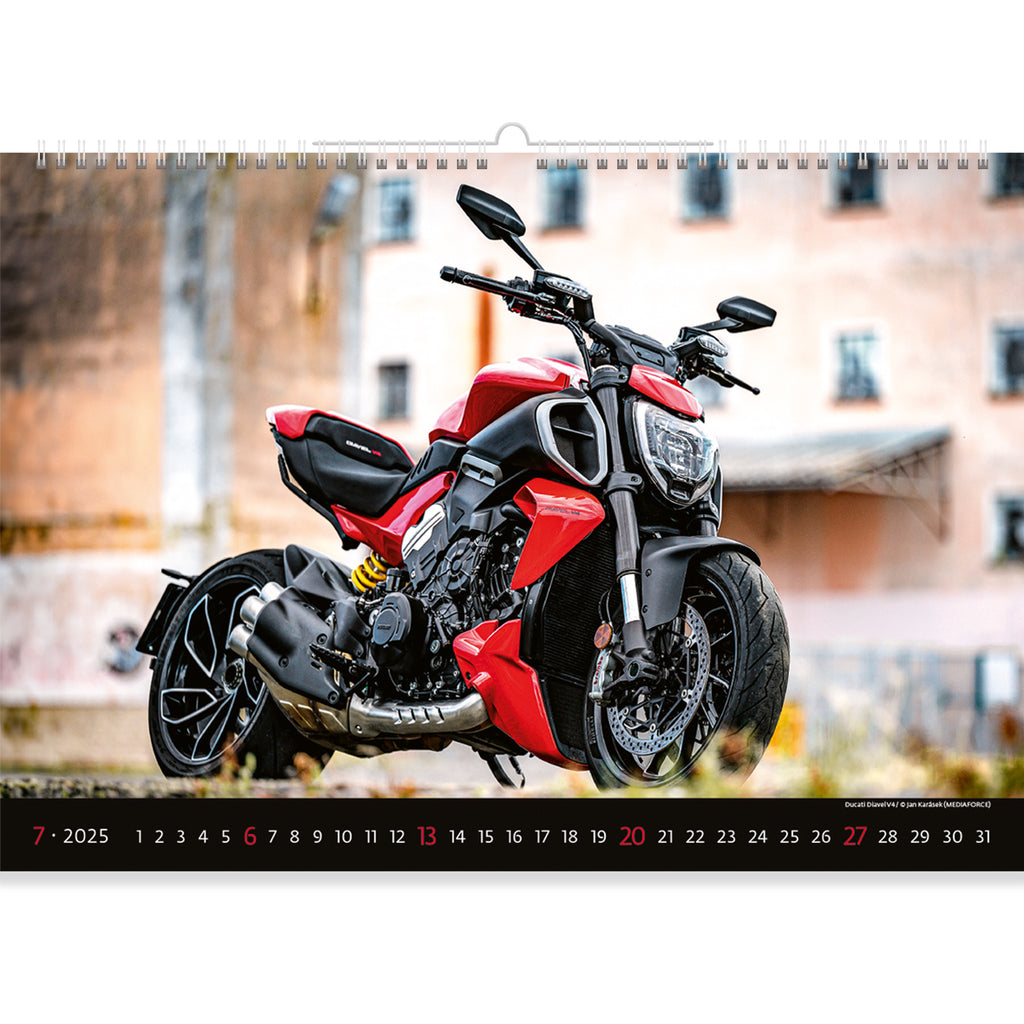  In the Motorbike Calendar 2025, a bold red motorbike captures the essence of modern design against an urban backdrop. This dynamic scene juxtaposes sleek technology with the city's hustle, embodying the fusion of style and performance that defines contemporary motorcycling adventures.