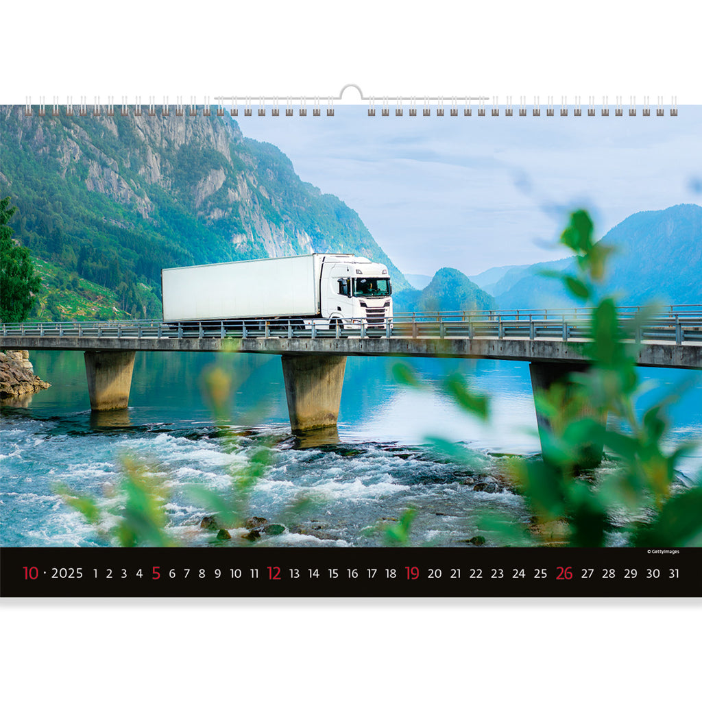 With our "M-10 Tranquility: White Lorry Crossing the Bridge" 2025 calendar, take a peaceful trip. Every month, the serene spirit of a white M-10 truck crossing a bridge and blending in perfectly with the serene surroundings is captured.