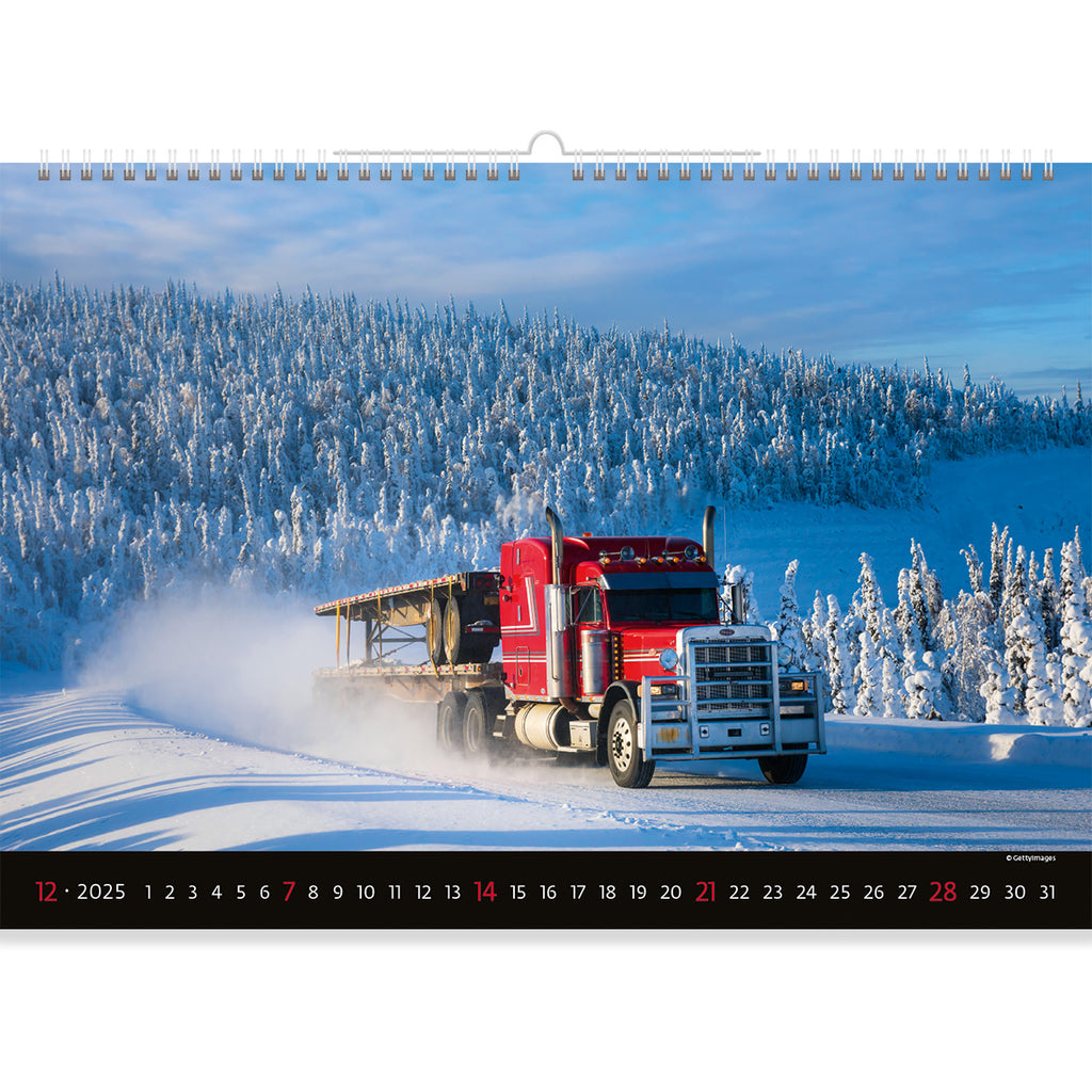 Met onze kalender "M-12 Frost-Carver: Red Truck Through December's Domain" maak je een reis door een winterwonderland. Observeer de vasthoudendheid en vastberadenheid van een rode M-12-truck terwijl hij door het winterse landschap van december ploegt.