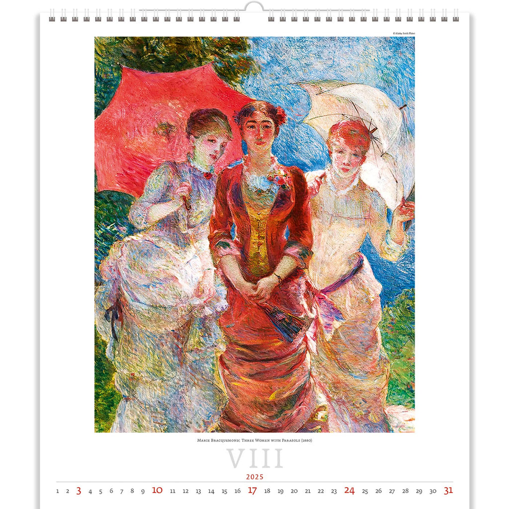 Drie elegante dames in de zomerzon. Heldere tinten betoveren en geven een onvergetelijke sfeer met onze impressionisme-kalender 2025