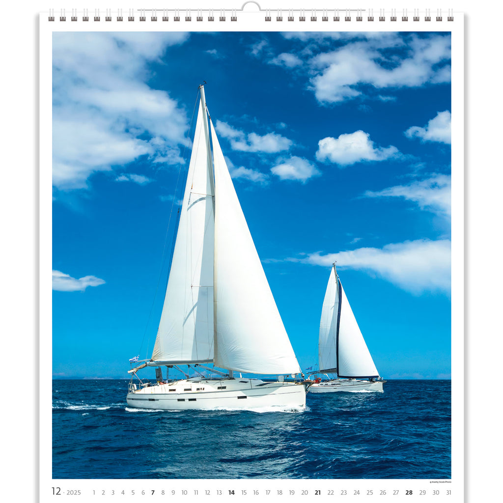 This breathtaking calendar 2025 scene showcases the beauty and freedom of sailing, with the yacht cutting through the water, its sails harnessing the wind's power, inviting viewers to immerse themselves in the thrill of maritime adventure.