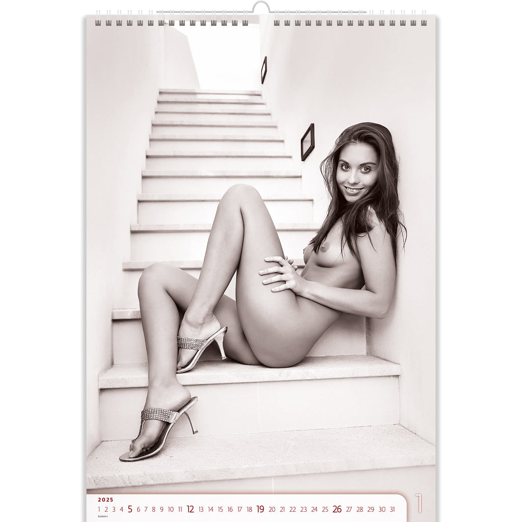 Sexy Nude Calendar 2025 features a nude girl sitting on the stairs. Each month captures her elegance and allure, showcasing intimate poses that celebrate natural beauty and sensuality.