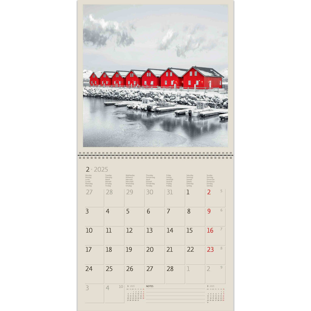 Cozy cabins stand out beautifully against a snow-white winter background. A stunning play of colors only in Black Red Calendar 2025!