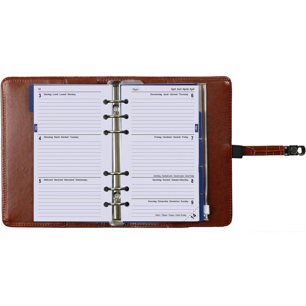 Open View Of Kalpa Refillable Personal 6 Ring Binder Organizer Croco Cognac in English French German and Italian