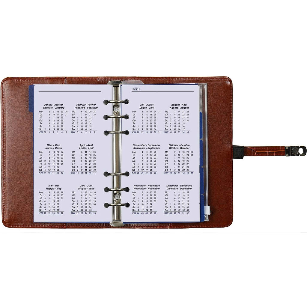 Refillable Personal 6 Ring Binder Organizer in English French Dutch and Italian Croco Brown