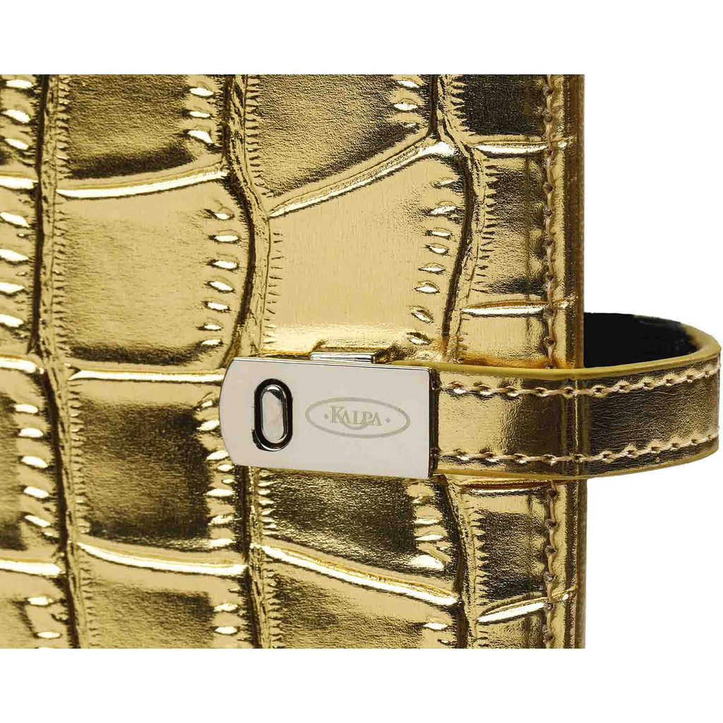 Refillable Personal Ring Binder with Magnetic Closing Clip Croco Gold