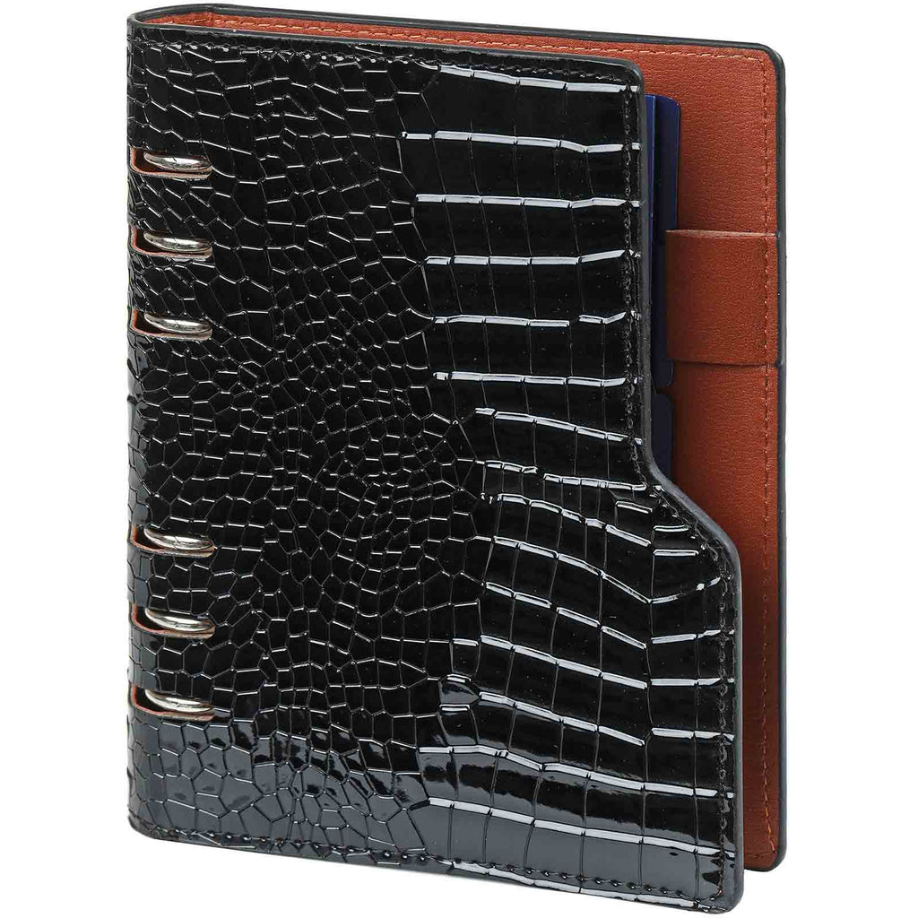 Modern Artificial Leather Clipbook Personal 6 Ring Binder Agenda Gloss Croco Black