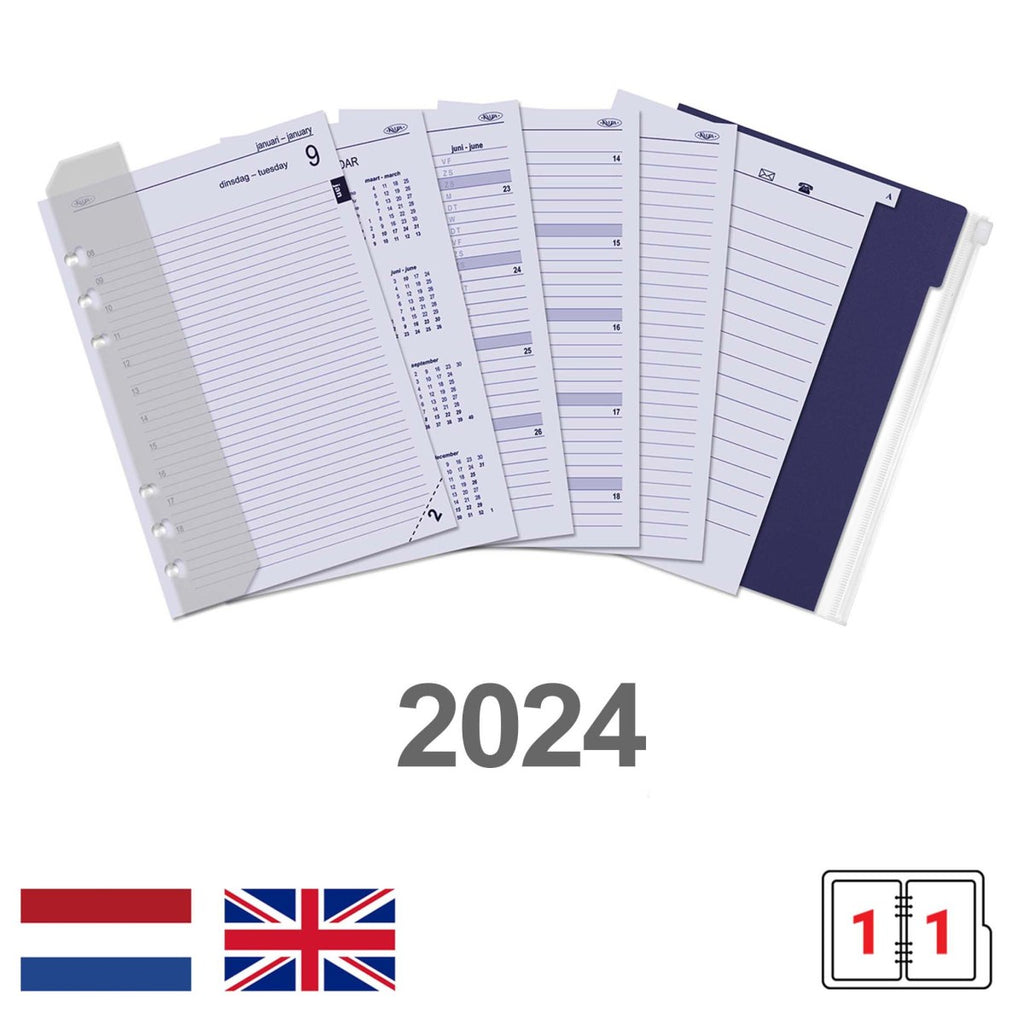 A5 6 Ring Agenda Planner Vulling 1 Dag per Pagina  NL EN 2024 Complete set